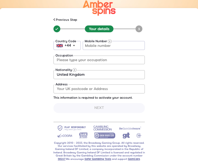 Amber Spins sign up 2