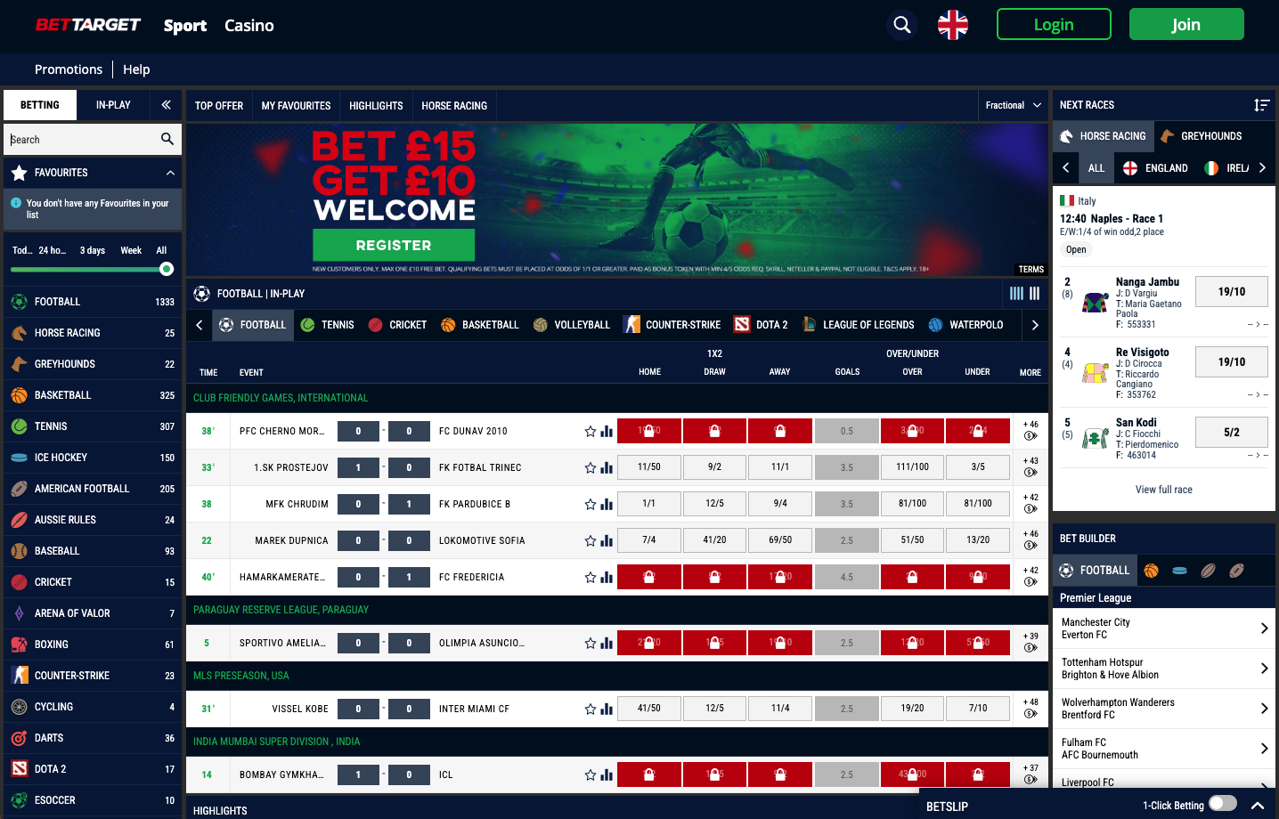 Bet Target home page betting page
