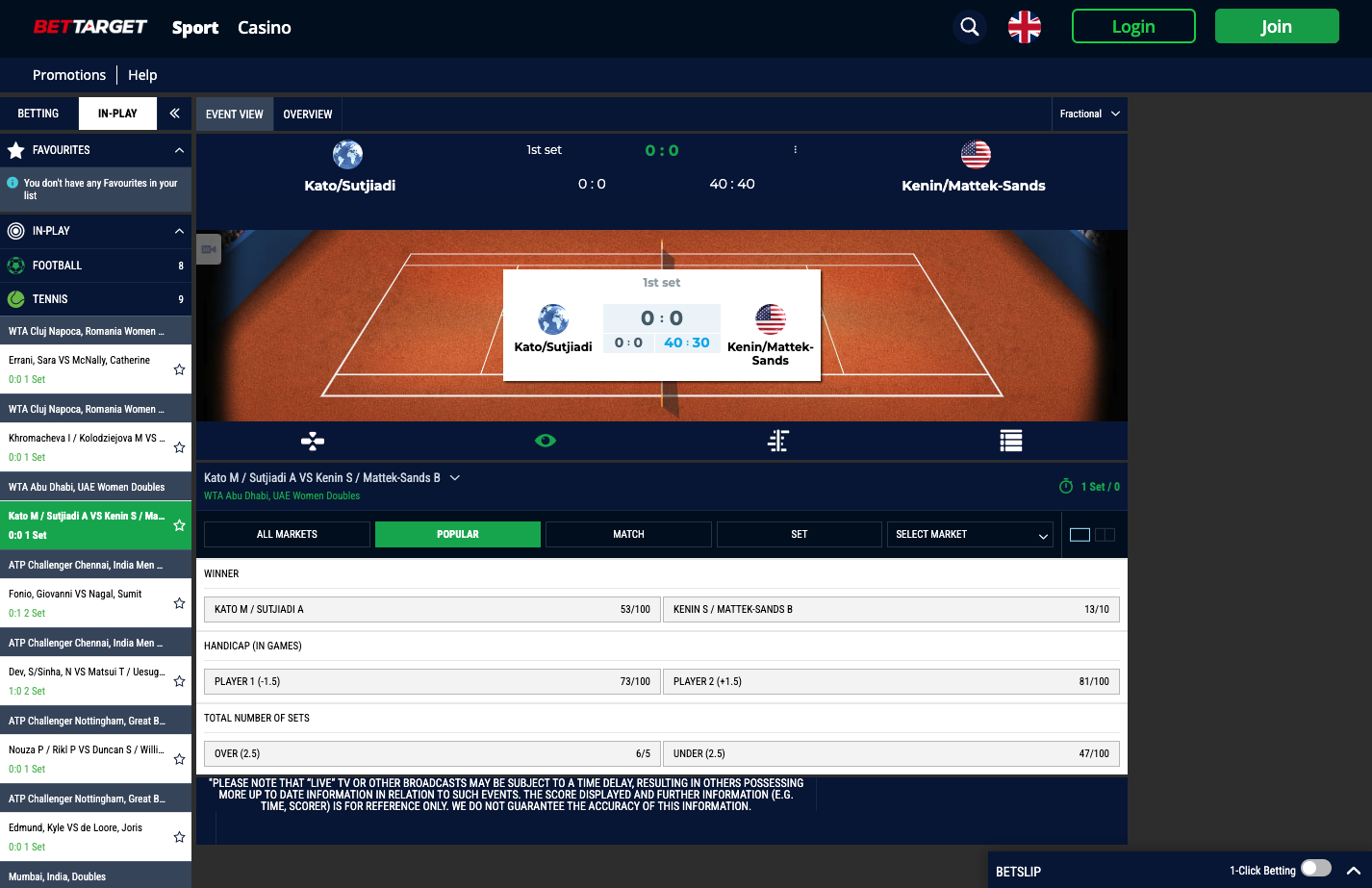 Bet Target tennis betting page