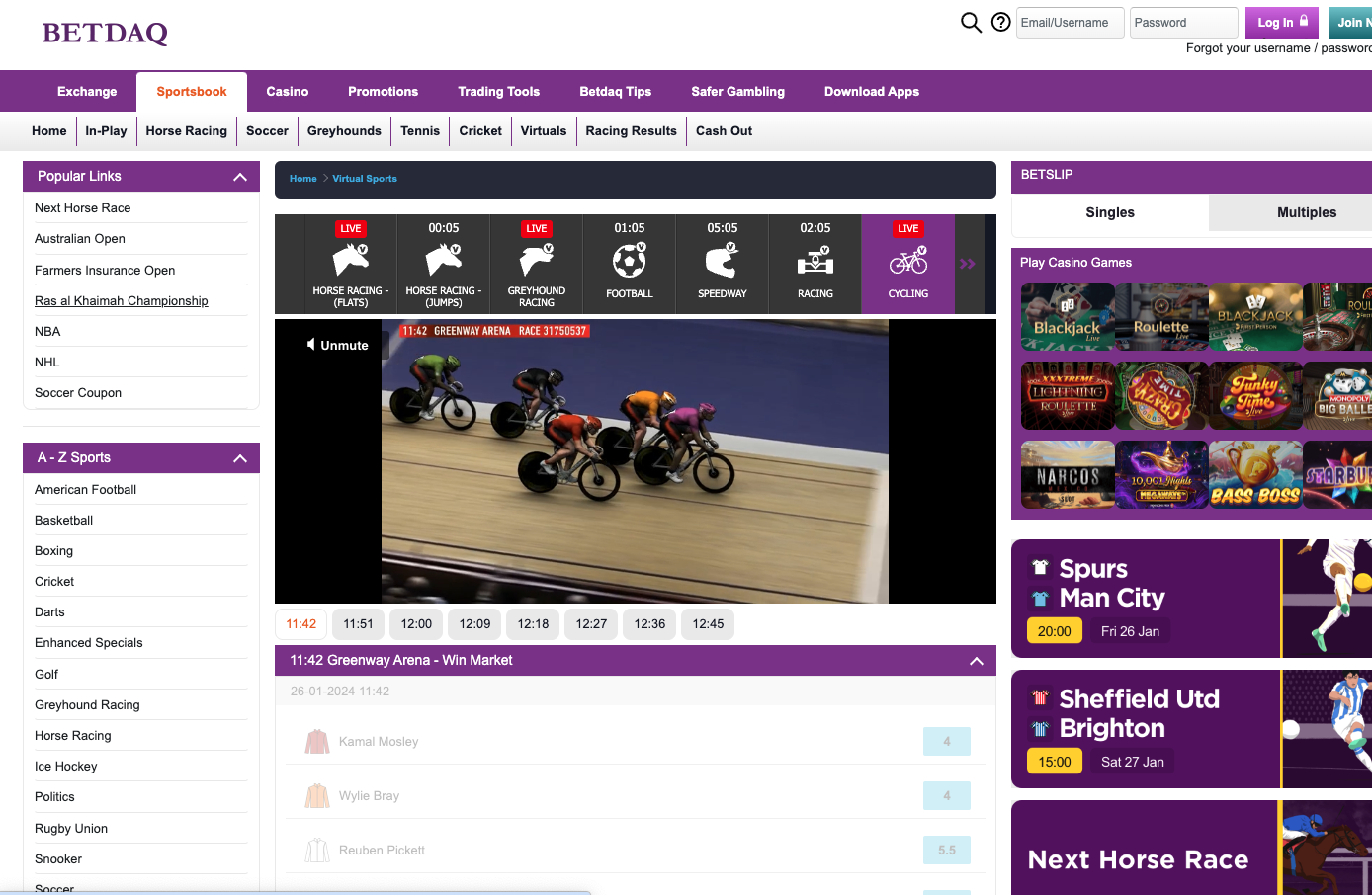 BetDaq virtual sports betting page