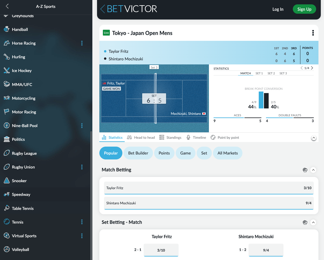 BetVictor tennis in-play screen