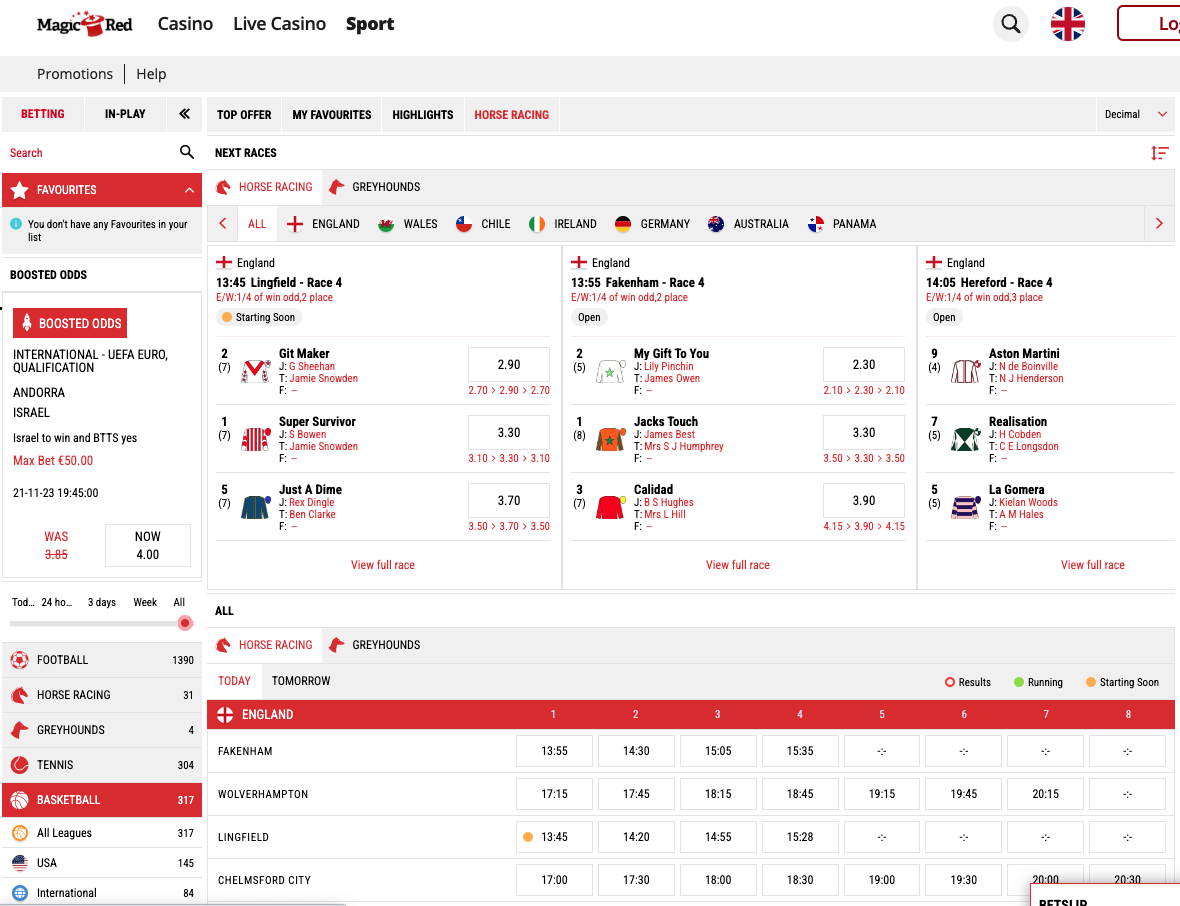 MagicRed Sports racing betting page