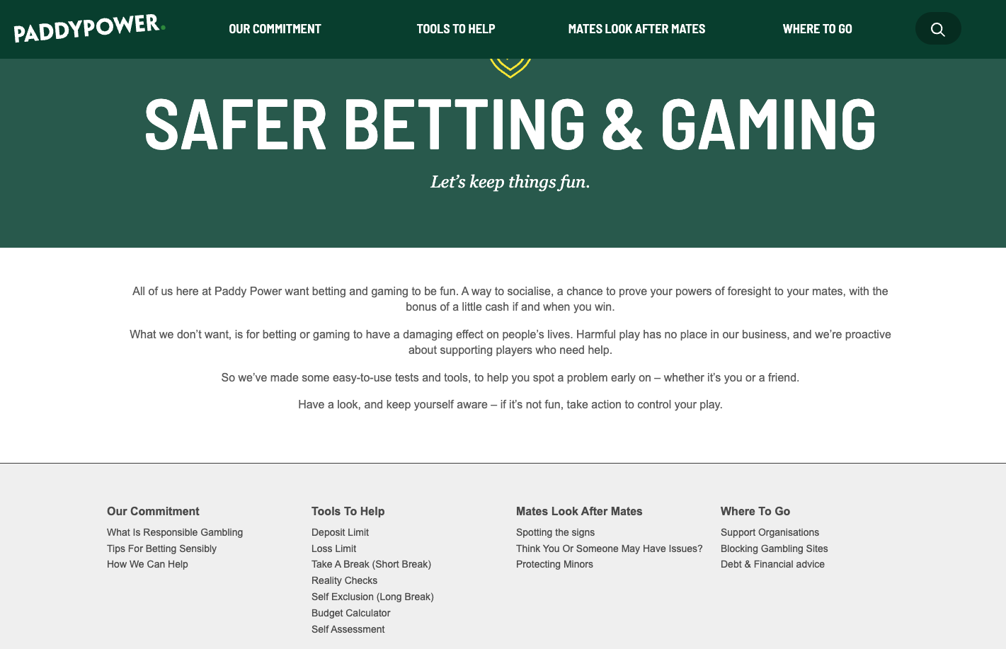 Paddy Power responsible gambling page