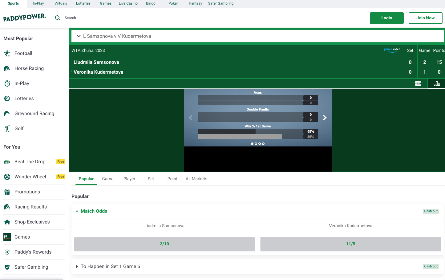 Paddy Power tennis in-play betting