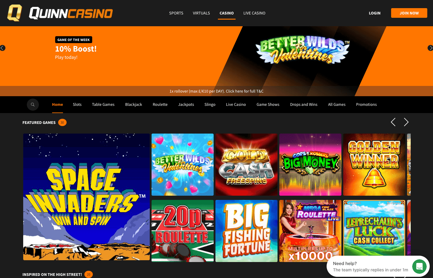QuinnBet Casino homepage
