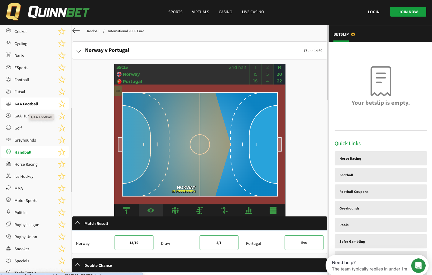 QuinnBet handball betting page